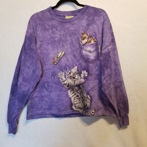 Vtg The Mountain L Top Cat Purple Tie-Dye Mice Fishing For Kittens Cropped Boho
